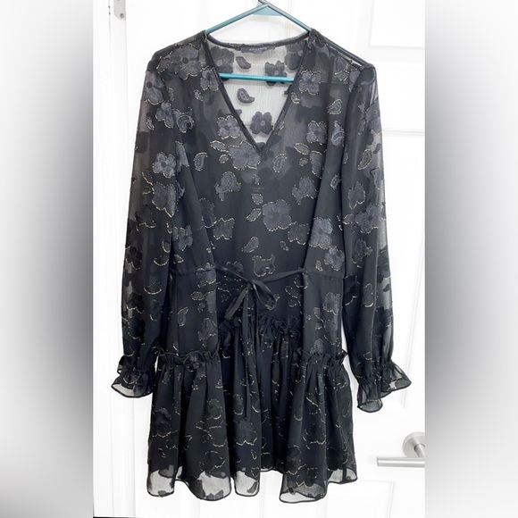 All Saints Black & Gold Embroidered Sheer Dress w/ Slip - Picture 2 of 7